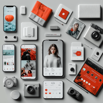 Flat lay of modern tech gadgets including smartphones, cameras, tablets, and accessories showcasing social media and photography apps in a minimalist red and grey theme.