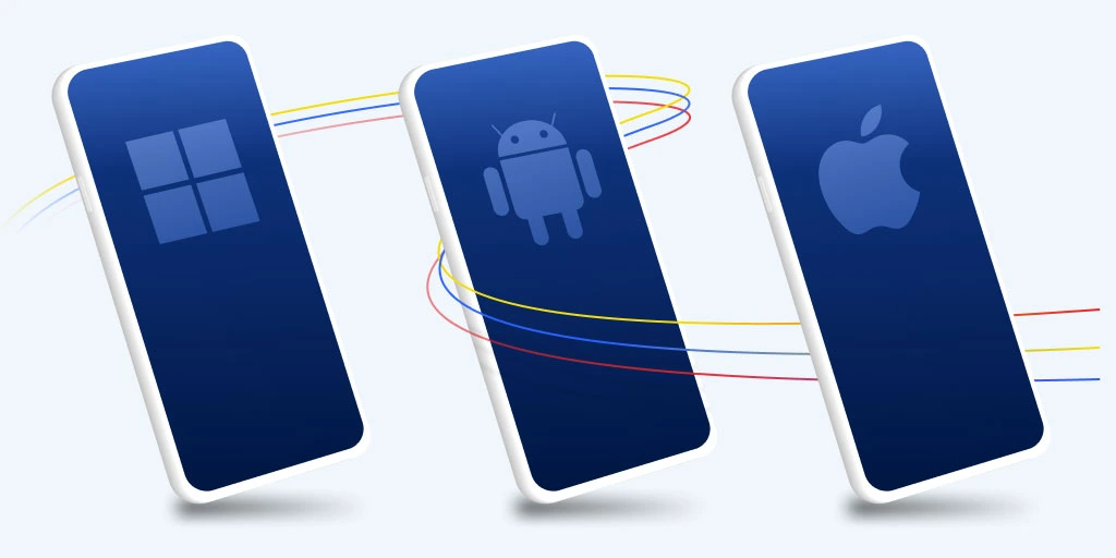 Illustration of three mobile platforms: Windows, Android, and Apple iOS, representing cross-platform app development.